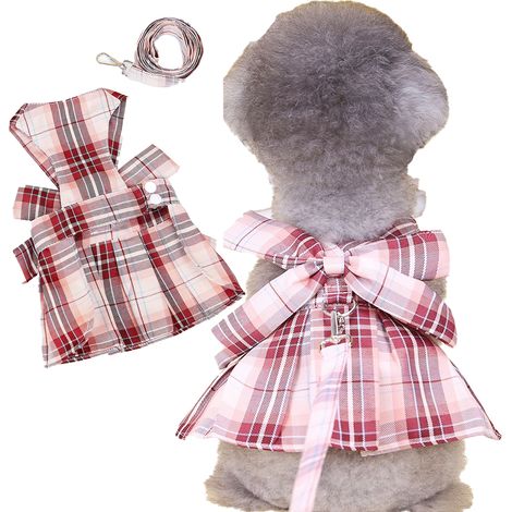 4 pièces Ensemble vêtements chien, robe carreaux, nœud papillon, harnais et laisse, pour petits chiens chats et lapins, rouge (1/5)