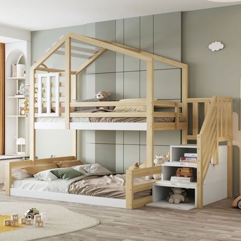 Lit Superposé Enfant - 90x200/140x200cm - Forme de Maison - lit Superposé - Escaliers Rangement, Barrière Sécurité, Bois Naturel (1/5)