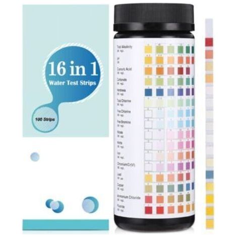 16 en 1 Bandelette Piscine et Spa, 100 Testeur PH Piscine, Bandelette Test Piscine, Testeur Piscine pour Tester la dureté, l'alcalinité Totale, le Chlore Libre, le Brome, le pH et plus (1/5)