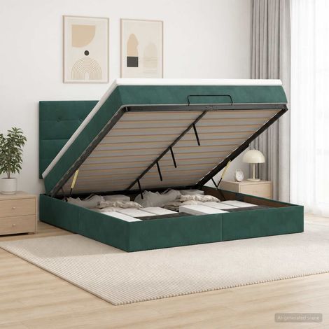 Cama tipo otomana con colchón y LED Verde oscuro 140 x 190 cm (1/5)