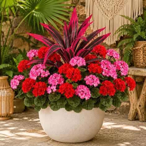 Grandes Fleurs Artificielles – Résistantes aux UV – Réalistes – Rouges et Roses – Fougère de Boston – Feuilles d’Agave – Décoration Intérieure et Extérieure (1/5)