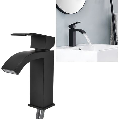 Integrierte Waschtischarmatur aus Edelstahl 304, G1/2-Gewinde, Wasserfallauslauf, schwarz, CUPC (1/5)