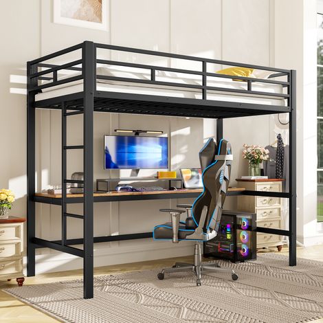 Cama alta 90x200 cm con barandillas, escalera mesa con puerto USB y enchufe, luz LED material metálico color negro(Sin colchón) (1/5)