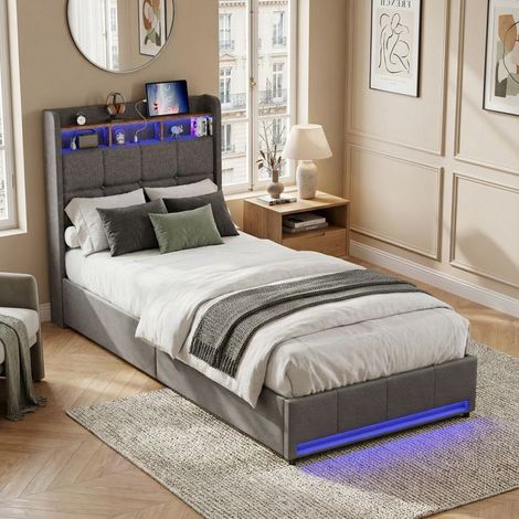 Bett Kind 90x200 cm, POCKETPOP, Jugendbett mit USB und LED, 2 Schubladen, Lattenrost, graue Leinen, 1 Platz