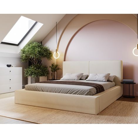 Emporius – Lit coffre 200x200 avec rangement – Tissu velours beige – Sommier à lattes – Largeur 224 cm – Hauteur 100 cm – Profondeur 237 cm (1/4)