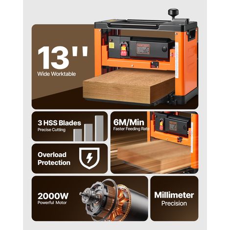 Raboteuse Bois Électrique 3 Lames, Table de Travail Largeur 33 cm, Moteur Puissant 2000 W, 23500 tr/min, Double Rouleau, Protection… (1/5)