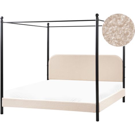 Cama con dosel de metal negro retro minimalista somier de listones madera de álamo tapicería de bouclé beige 180 x 200 cm Dannemois