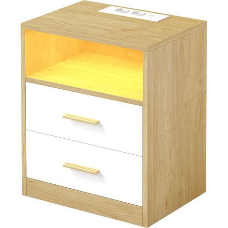Vasagle – Lot de 2 tables de chevet modernes avec tiroirs – Éclairage LED personnalisable – Multiprises et ports USB intégrés – Naturel et blanc (1/5)