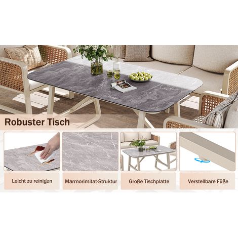 Jardinette pour 6-7 personnes, assises en rotin PE, tablette d’appoint incluse, canapé de jardin avec coussins lavables, pieds réglables pour terrasse, balcon ou jardin, couleur beige. (1/5)