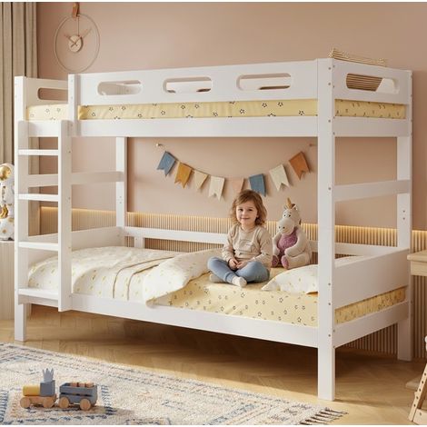 Lit superposé enfant 90x200 cm amovible avec échelle et sommier à lattes, antichute, bois blanc (1/5)