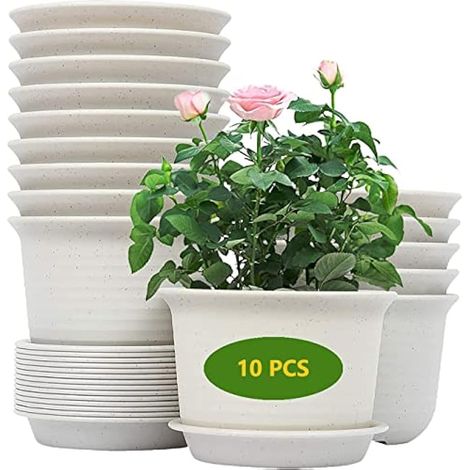 10 pots de fleurs en plastique, 15 cm épais, pots de plantes avec soucoupe de drainage, jardinage intérieur (blanc/gris)