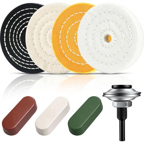 Disques de polissage de 100 mm, ensemble de 8 pièces avec 4 disques de polissage (blanc/jaune, coton, flanelle, denim), 3 pâtes à polir et adaptateur, trou de 1/2 pouce (12,7 mm), pour meuleuse, perce (1/5)