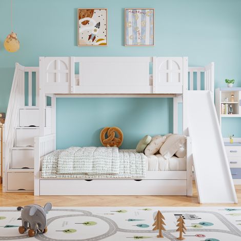 Cama litera infantil con tobogán, 90x200 y 120x200, blanco OKMYHOME (1/5)