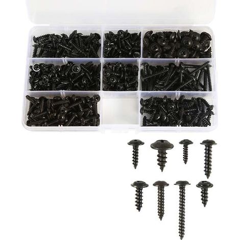 Lot de 340 vis autoforeuses noires cylindriques, assortiment tailles M3, M3.5, M4, M4.8 pour fixation tôle (1/4)