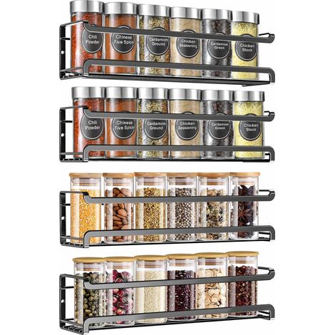 Lot de 4 étagères à épices murales peu encombrantes avec adhésif et vis - Étagère de rangement pour pots à épices pour intérieur de placard et porte de cuisine (noir) (1/5)