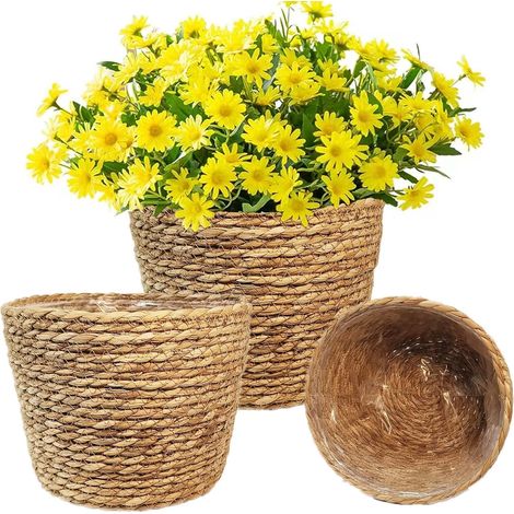 Caches Pot Plante en Osier, Panier à Plantes d'Intérieur, Pots de Fleurs Jardin décoratif en jonc de mer Seagrass, Panier de Rangement, diametre 18cm, 22cm, 25cm (1/5)