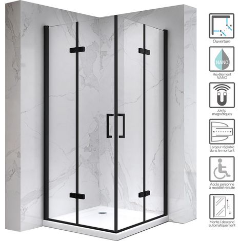 ATÉA-BLACK Cabine de douche H 180 cm, 90 x 90 cm, 2 portes pliantes et pivotantes, verre transparent + receveur (1/5)