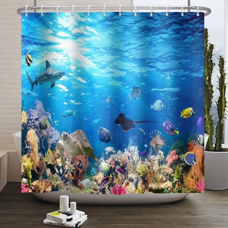 165x183cm Rideau de Douche sous Marin Multicolore récif corallien Poisson Baleine Tortue sous Marine Animaux thème Rideau de Douche pour Enfants Salle de Bain décoratif avec Crochet (1/5)