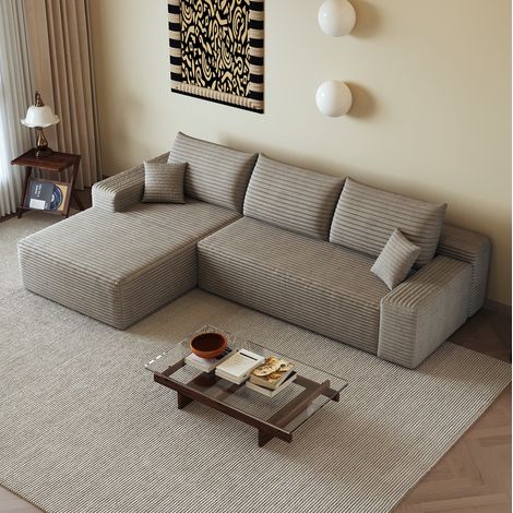 Divano angolare modulare 270 cm camel in tessuto effetto corduroy senza montaggio e chaise longue reversibile (1/5)