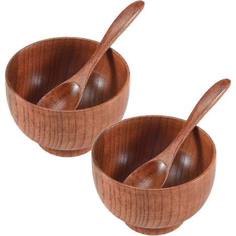 Ensemble cuillère et bol en bois, vaisselle en bois artisanale, bol à soupe, bol à riz, convient pour contenir des aliments, du riz, de la soupe, etc. (1/5)