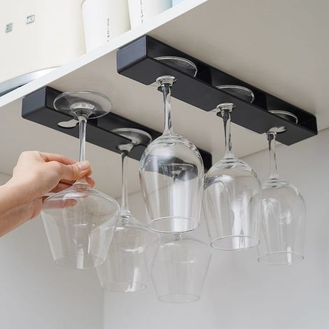 Dos soportes para copas de vino, soportes para copas de vino para debajo del armario, hechos de plástico, estante para guardar copas de vino (negro) (1/5)