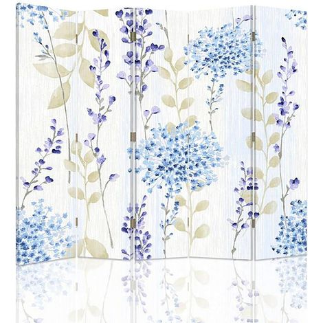 Paravent élégant à motif floral bleu pour décoration d'intérieur - 180 x 180 cm - 1 face déco, 1 face noir