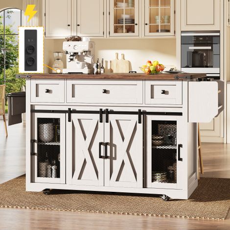 îlot de cuisine avec plan de travail coulissant et prise électrique, ilot cuisine avec rangement,hauteur de travail de 91 cm;Blanc (1/5)