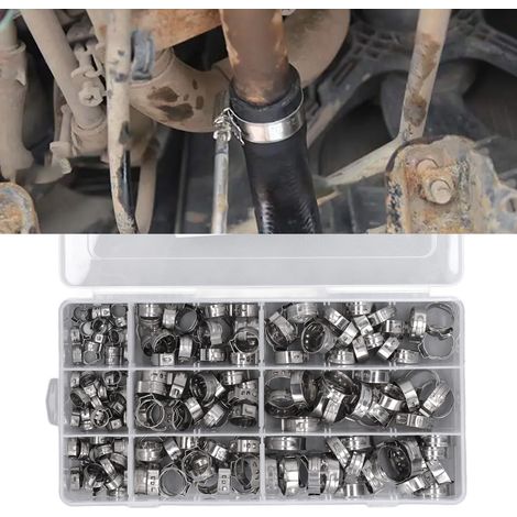 Colliers de serrage en acier inoxydable, 180 pièces, en boîte : colliers de serrage pour tuyaux, colliers de serrage à une oreille, colliers de serrage pour flexibles. (1/5)