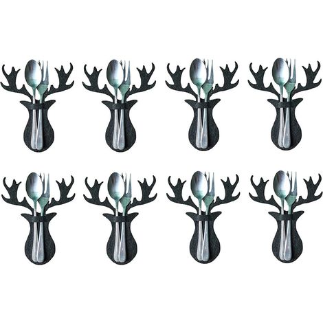 Porte-ustensiles Noël - Support en feutre forme de cerf et chameau - Pour fourchettes cuillères couteaux - 15 x 12,5 cm - Lot de 8 (1/5)