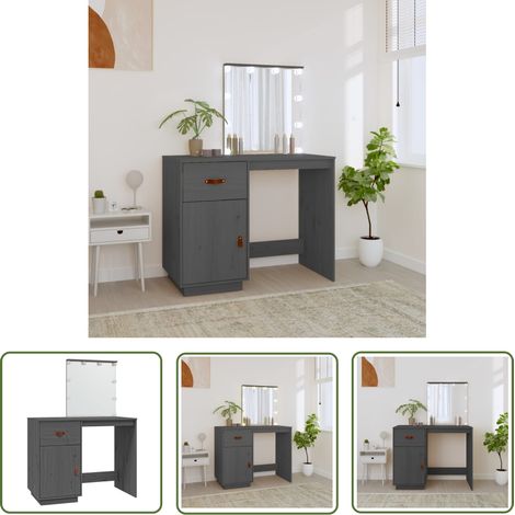 The Living Store Schminktisch mit LED Grau 95x50x133,5 cm Massivholz Kiefer - Schminktisch - Kosmetiktisch - Schreibtisch - LED Beleuchtung - Spiegelschrank (1/5)