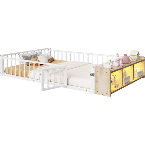 Lit enfant blanc avec rangement et éclairage LED, lit en métal 140x200 avec barrière de sécurité, sans matelas. (1/5)