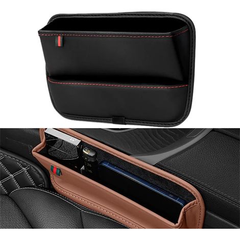 Organisateur d'espacement pour siège auto en cuir PU noir, boîte de rangement latérale pour console centrale avec porte-gobelet et boîte de rangement pour téléphone portable. (1/5)
