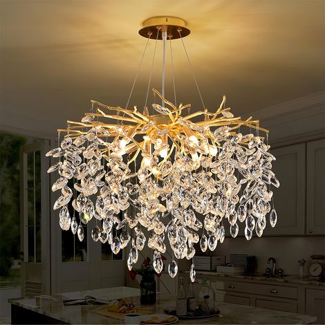 Extra grosse Designer Haengeleuchte Gold 100 cm Kristall Pendellampe mit E14 und K9 Kristallen hoehenverstellbar moderne Luxus Deckenleuchte fuer grosse Raeume