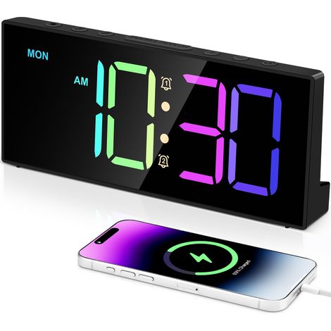Lauter Wecker für Langschläfer, Digitaluhren mit einstellbarer Lautstärke und Helligkeit, Schlummerfunktion, Batterie-Backup, große RGB-Ziffernanzeige, bunte Wechseluhr