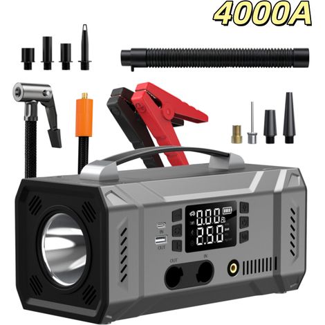 Booster Batterie Voiture avec 180PSI Gonfleur Pneus, Démarreur voiture 7 en 1, 16000mAh, 4000A, 8 fonctions, Jump Starter avec LED (1/5)