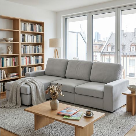 Canapé d'angle 245,5 cm gris clair avec rangement, méridienne réversible et ressorts ensachés (1/5)