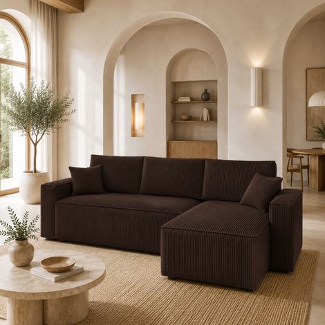 AMBRI - Canapé d’angle convertible en velours côtelé - 4 places - 235 cm - Marron (1/5)