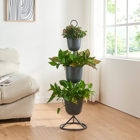 Soporte para plantas Alphen con 3 maceteros metal 110xØ28cm - Negro [en.casa]