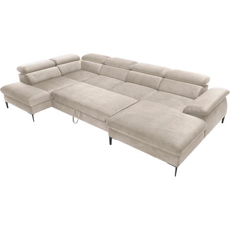 Grand canapé d'angle droit panoramique convertible en velours beige SEPINA (1/2)