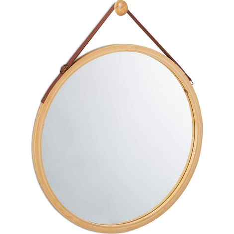 Miroir Rond à accrocher, lanière réglable, en Bambou, Moderne, Couloir, Salle de Bain, ∅: 45 x 60 cm, Naturel, Verre, Similicuir, Nature, 45 x 45 x 2 cm (1/5)