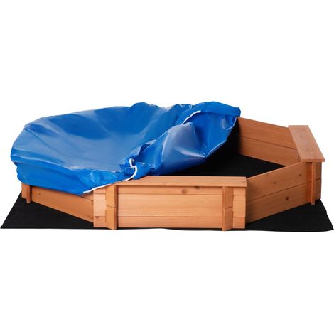Bac à sable en bois massif, octogonal,140 x 140 x 21,5 cm, 4 bancs avec bâche de couverture et sol non tissé, protection UV, facile à installer, jeux extérieur enfant, orange (1/5)