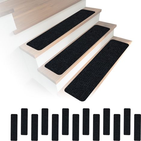 Relaxdays stair mats, set of 16, 75 x 20 cm, self-adhesive rectangular mats, black (1/5)