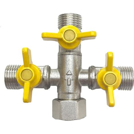 Distribuidor de 3 vías con forma de cruz y 3 válvulas de bola para conectar 3 dispositivos/conectores de 1/2". (1/5)
