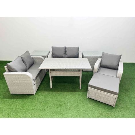 Fimous High Back Poly Rattan Garden Furniture Set with Reclining Chair Loveseat Sofa Rectangular Dining Table Indoor Outdoor Patio Set Big Stool 2 Side Table Light Grey (1/4)