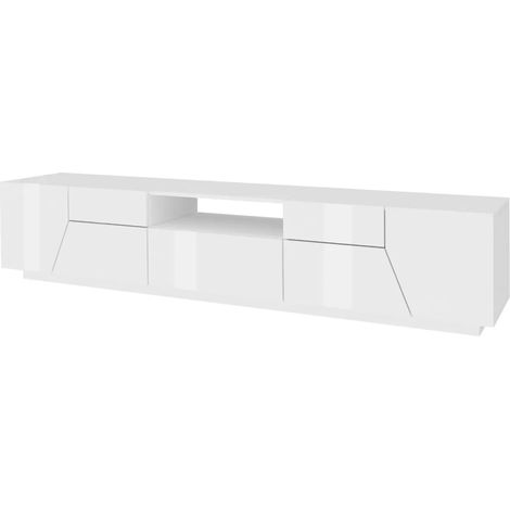 Mobile Porta TV 220 cm Bianco Laccato Lucido 4 Ante Vano Cassetto Legno