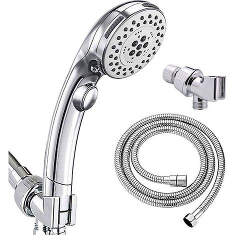 Soffione doccia in cromo zincato con pulsante di intercettazione, doccetta a mano + braccio sospeso + tubo flessibile da 1,5 m, 1 pezzo (1/5)