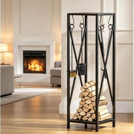 Porta legna per camino 34x34x111 cm, con ripiano, 4 accessori, metallo nero (1/5)