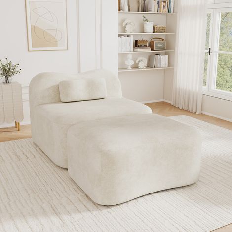 Fauteuil modulable 1 place avec pouf, design vague, mousse résiliente 32D, dossier amovible, revêtement textile doux, parfait pour studio, séjour ou chambre, couleur sable (1/5)