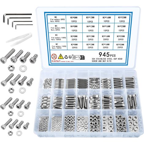 945 pièces, Ensemble de vis M2 M3 M4 M5, vis à tête cylindrique avec hexagone interne, ensemble de vis et écrous, vis de machine en acier inoxydable (945)