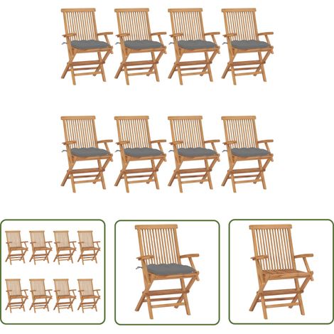 The Living Store Gartenstühle mit Grauen Kissen 8 Stk. Massivholz Teak - Gartensaison - Gartenmöbel - Gartenstühle - Outdoor Furniture - Teakholzmöbel (1/5)